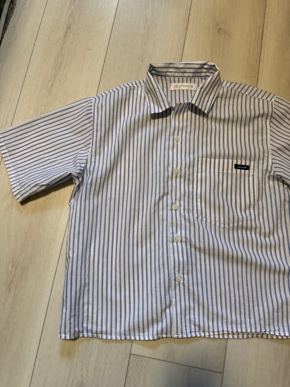 Zara Boys Casual Short-Sleeve Striped Button-Up Shirt - Blue/White Size 11-12